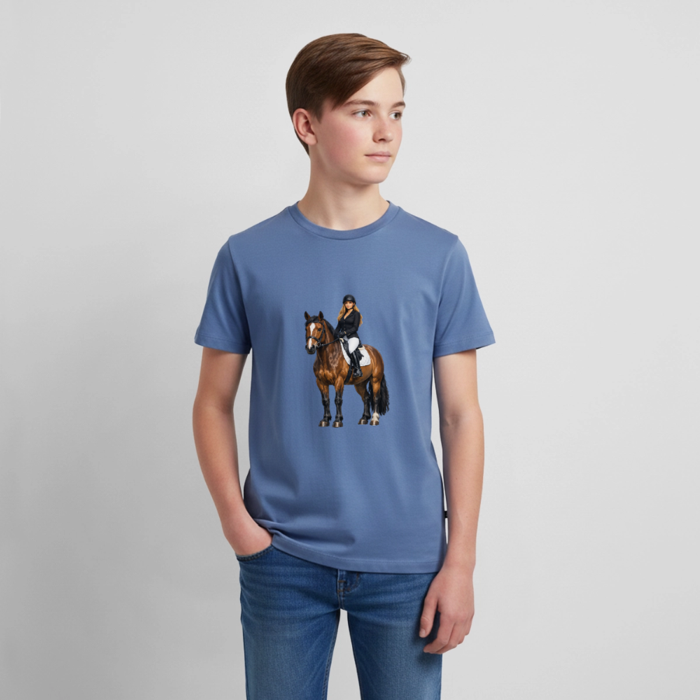 Premium T-Shirt "Frau auf Pferd" - Taubenblau