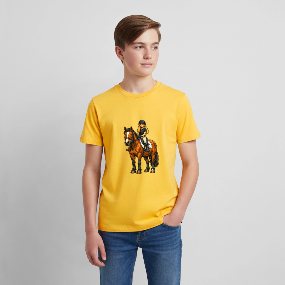 Premium T-Shirt "Mädchen auf Pferd" - Sonnengelb